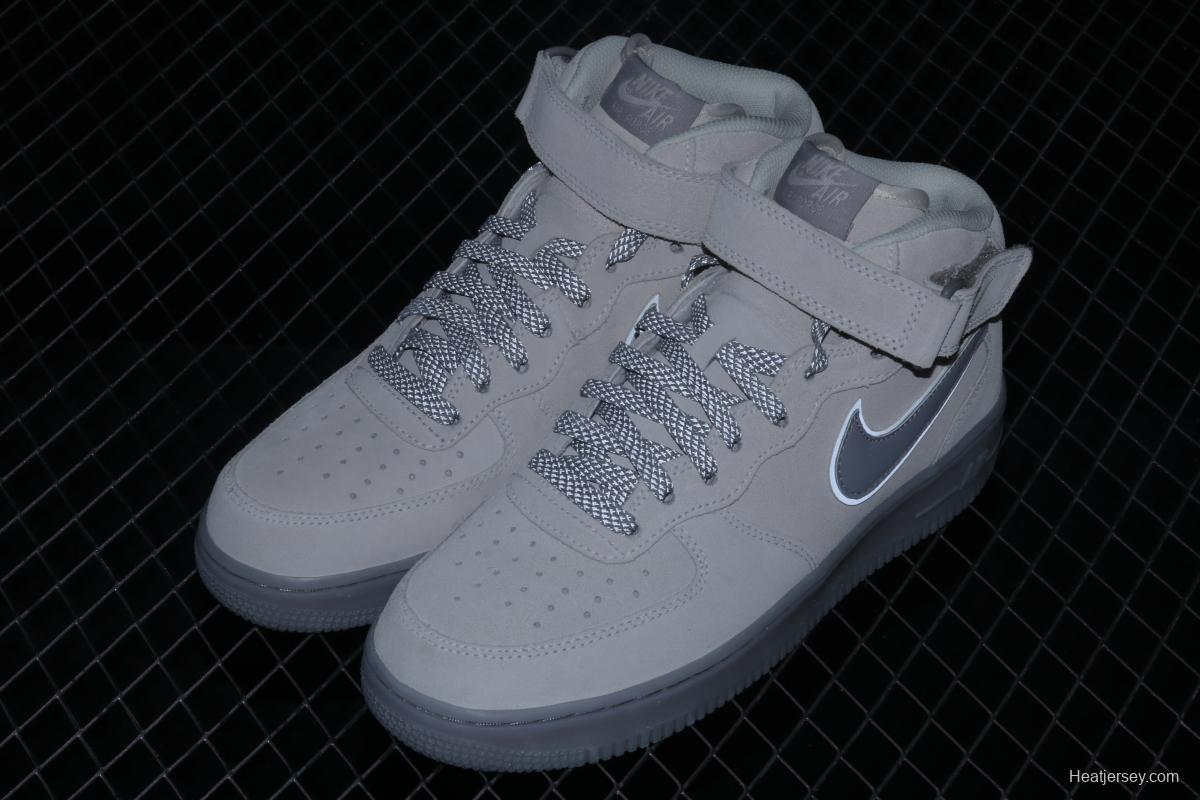 NIKE Air Force 1x 07 Mid air force light blue gray suede 3m reflective Zhongbang leisure board shoes 315123-002