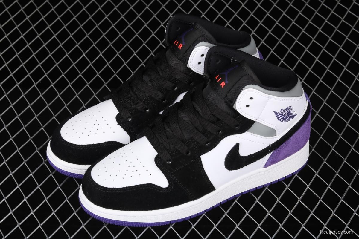 Air Jordan 1 Mid GS black, white and purple Zhongbang basketball shoes BQ6931-105