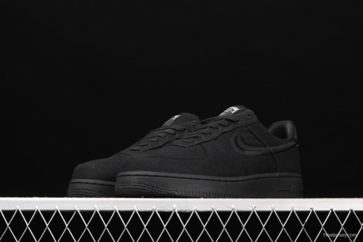 Stussy x NIKE Air Force 1 Low Black Cool Air Force low side black linen electric embroidered hook low upper board shoes CZ9084-001