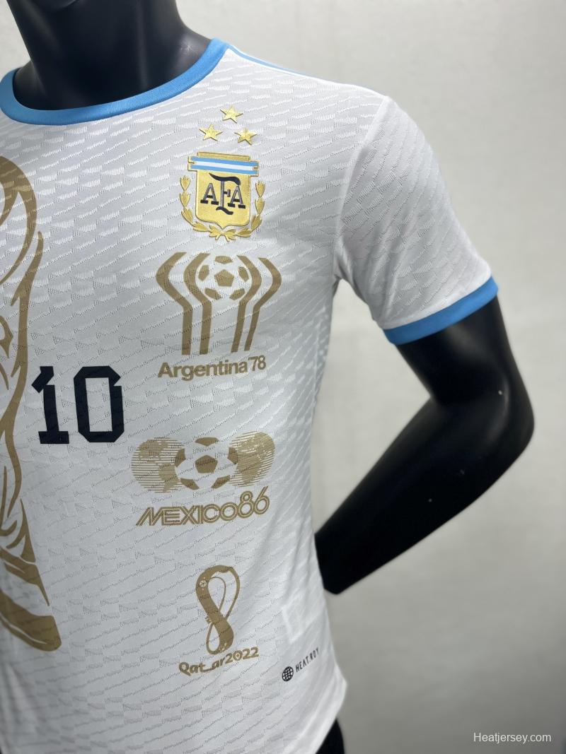 Player Version 3 Stars Argentina White Training Jersey With Number 10 Printing