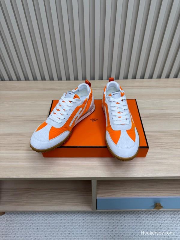 2025 Unisex Hermès White Orange Suede Mesh Sneakers KFY00300