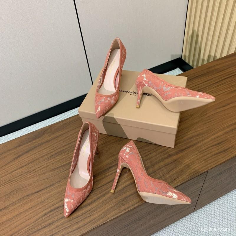 2025 Women Gianvito Rossi Pink Lace Leather Pumps