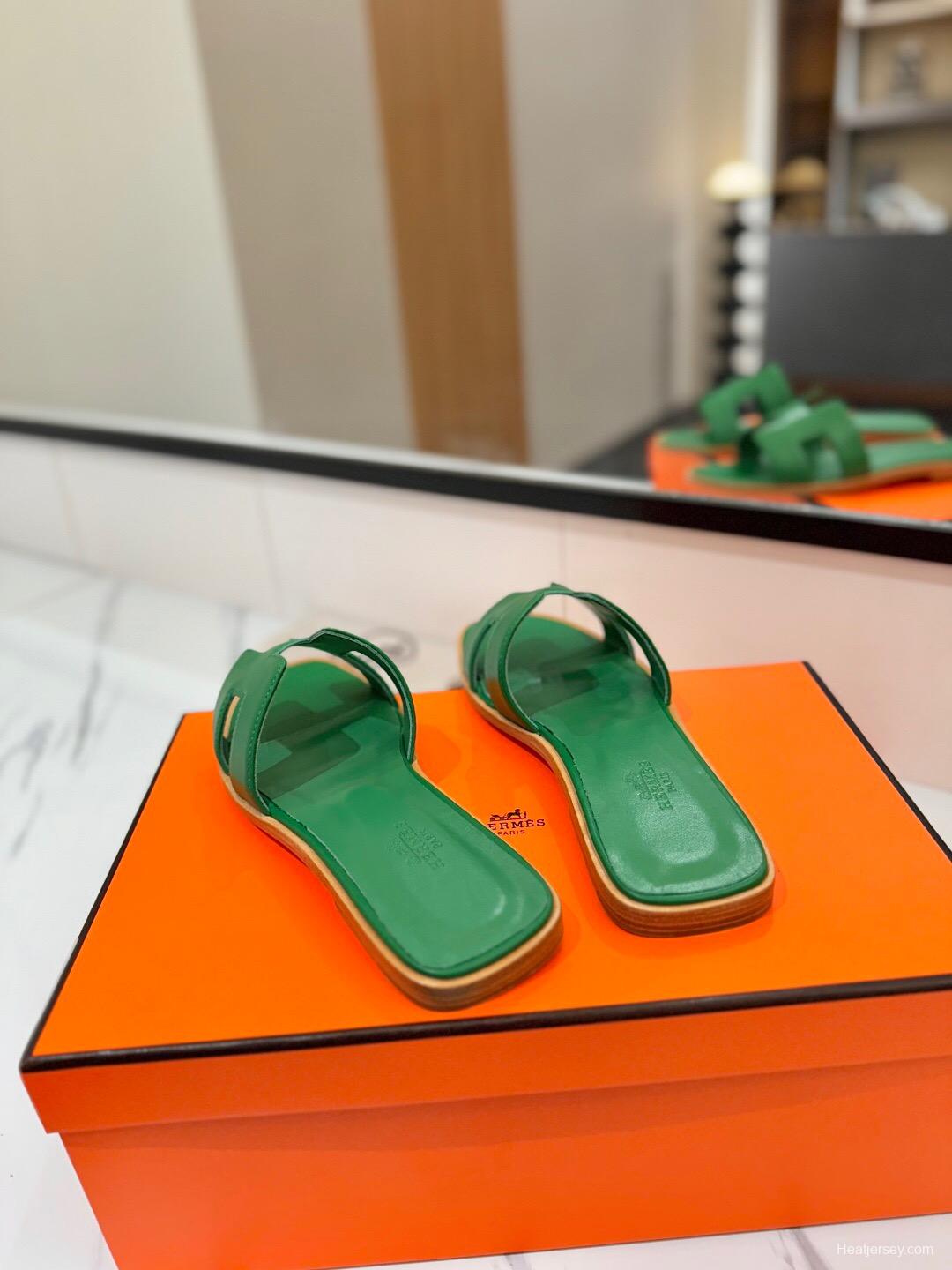 2025 Women Hermès Green Leather Slippers